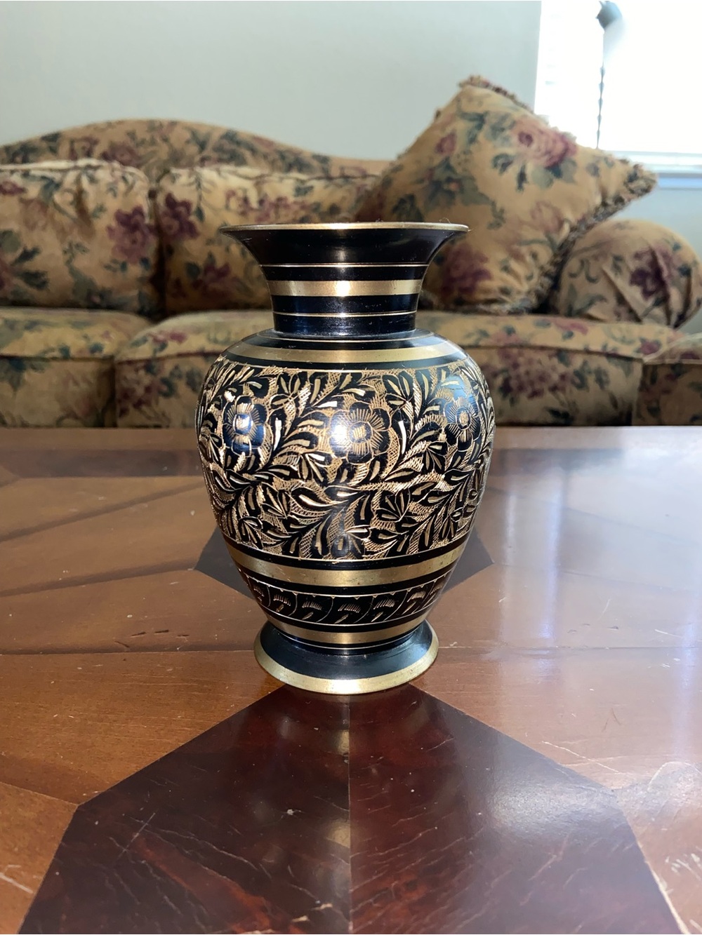 Hand Etched Floral Black Gold Vase Made In India Handmade Vintage Decor